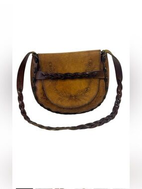 LEATHER Floral Embossed Shoulder Bag, Front Flap, Braided Strap